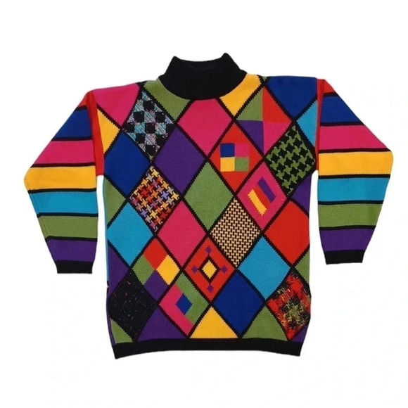 Simon Chang 100% Wool Geometric Turtleneck Sweater Size Small - Picture 3 of 8